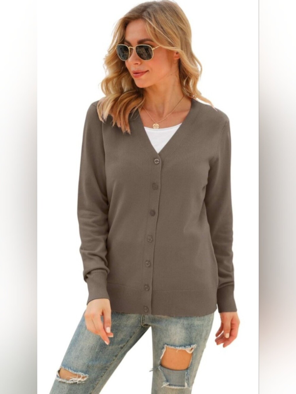 VIISHOW Women's Knit Viscose Blnd V-Neck Button Cardigan Sweater Taupe Brown XL